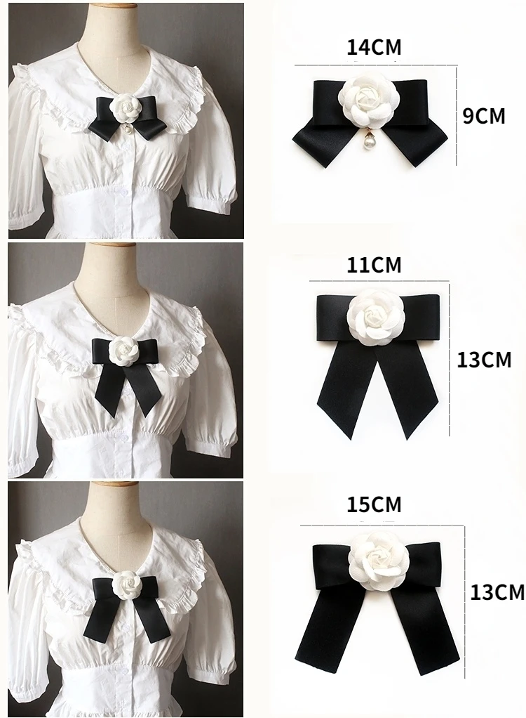 Camellia Bow Tie Brooch for Women's and Girl Suits White Shirt Collar Flower British Korean Fashion Handmade Ribbon Bowtie Pins