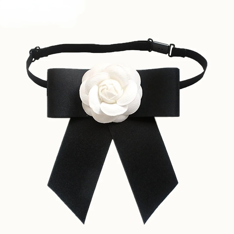 Camellia Bow Tie Brooch for Women's and Girl Suits White Shirt Collar Flower British Korean Fashion Handmade Ribbon Bowtie Pins