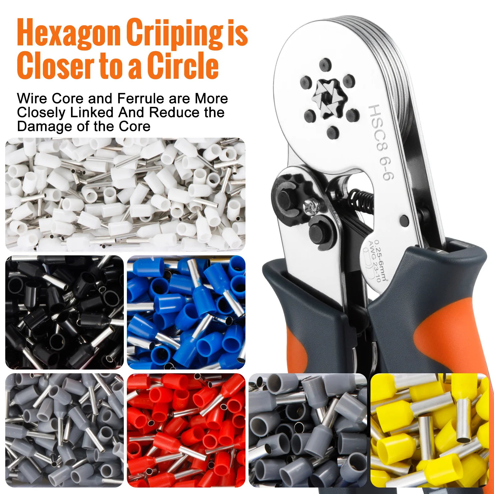 Hexagonal Ferrule Crimp Tool Wire Ferrule Crimping Tool HSC8 6-6/6-4 Self-adjustable Ratcheting Crimper for AWG23-10 0.25-6.0mm²