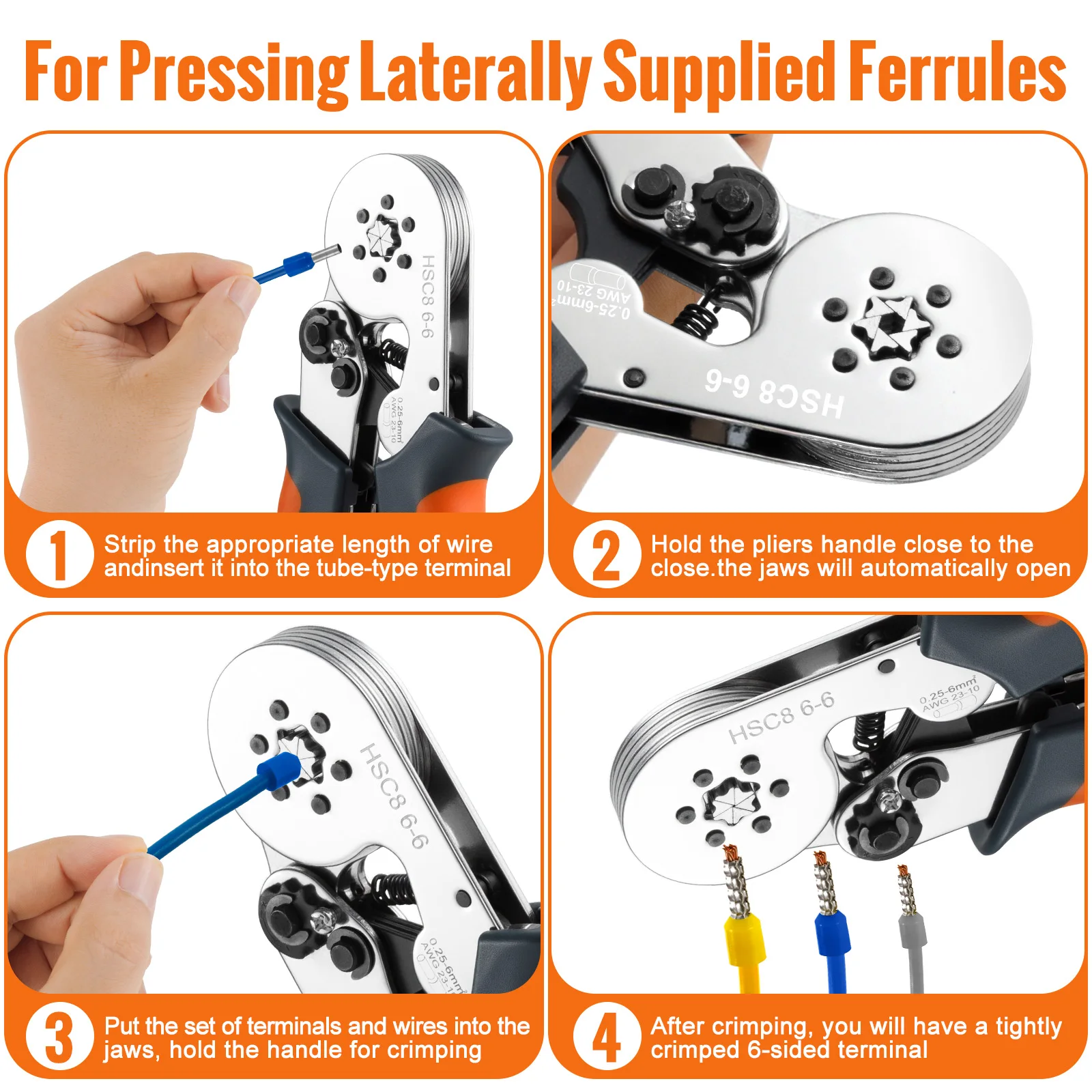 Hexagonal Ferrule Crimp Tool Wire Ferrule Crimping Tool HSC8 6-6/6-4 Self-adjustable Ratcheting Crimper for AWG23-10 0.25-6.0mm²