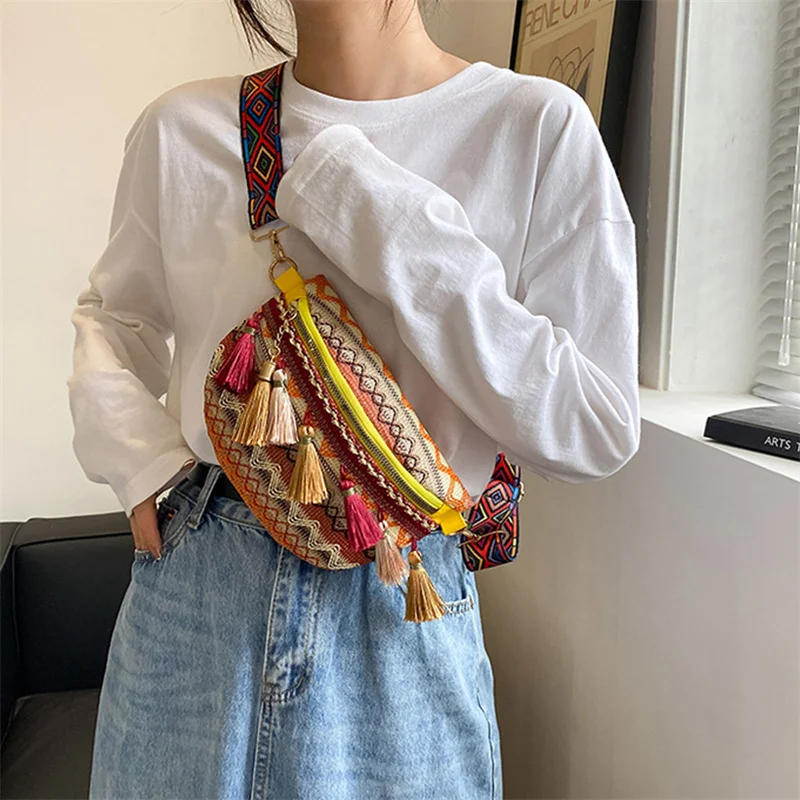 Waist Bags for Women Leisure Canvas Geometric Fanny Pack for Girls Crossbody Embroidered Chest Bag Belt Tassel Waist Packs