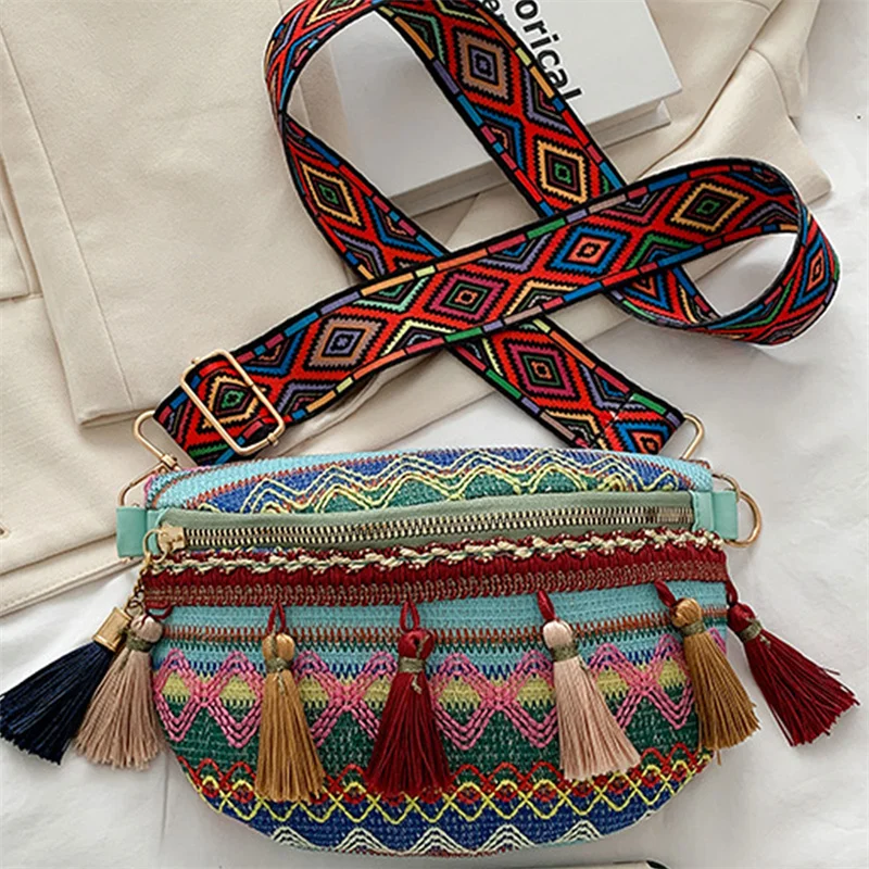 Waist Bags for Women Leisure Canvas Geometric Fanny Pack for Girls Crossbody Embroidered Chest Bag Belt Tassel Waist Packs
