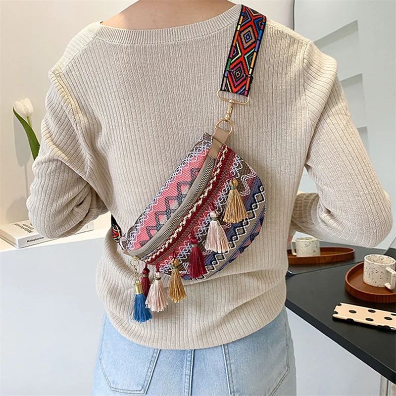 Waist Bags for Women Leisure Canvas Geometric Fanny Pack for Girls Crossbody Embroidered Chest Bag Belt Tassel Waist Packs
