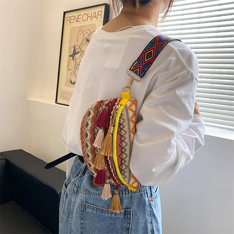Waist Bags for Women Leisure Canvas Geometric Fanny Pack for Girls Crossbody Embroidered Chest Bag Belt Tassel Waist Packs