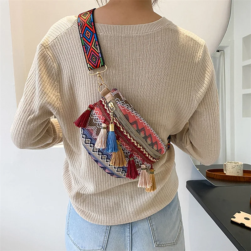 Waist Bags for Women Leisure Canvas Geometric Fanny Pack for Girls Crossbody Embroidered Chest Bag Belt Tassel Waist Packs