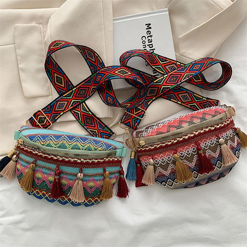 Waist Bags for Women Leisure Canvas Geometric Fanny Pack for Girls Crossbody Embroidered Chest Bag Belt Tassel Waist Packs