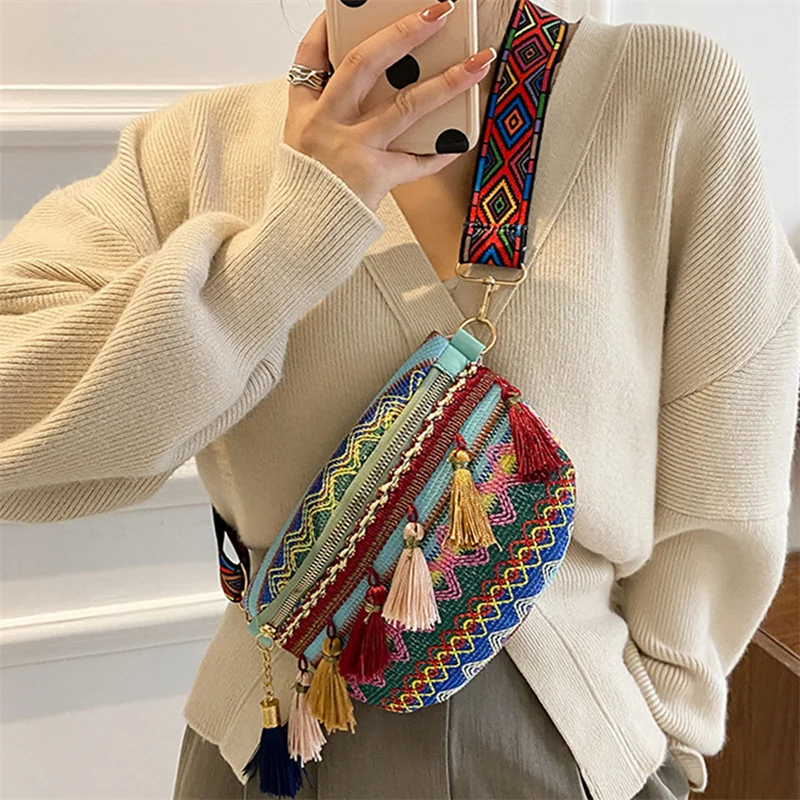 Waist Bags for Women Leisure Canvas Geometric Fanny Pack for Girls Crossbody Embroidered Chest Bag Belt Tassel Waist Packs