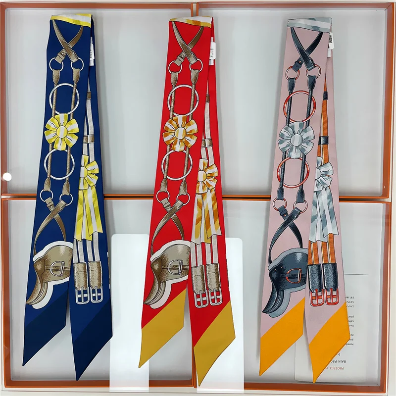POBING Animals Print 18m/m Twill Silk Scarves Women Luxury Brand Scarf Bag Ribbons Tie Head Scarf Small Long Skinny Scarf 86*5CM
