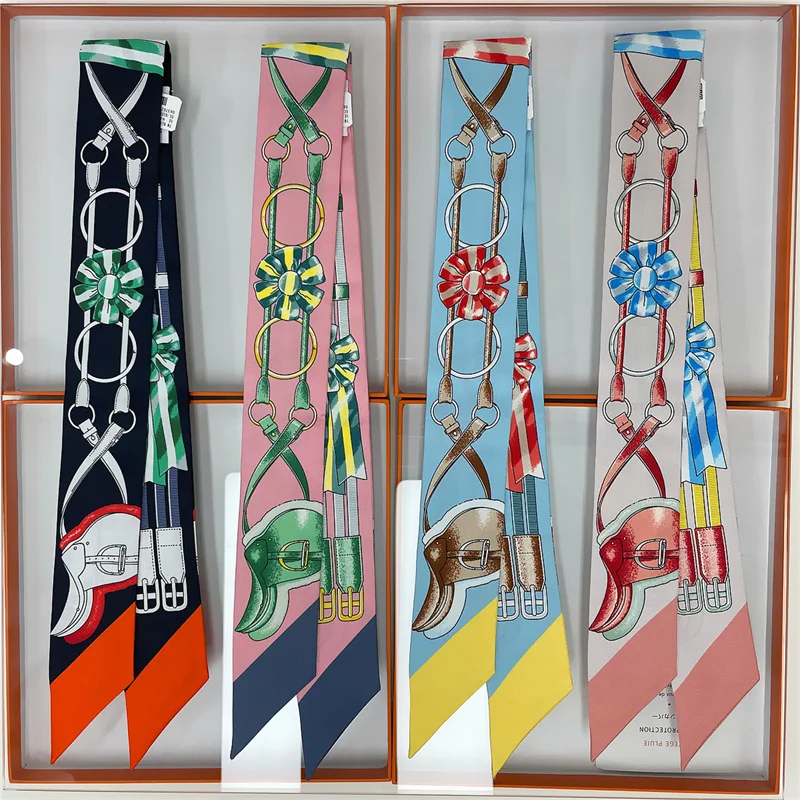 POBING Animals Print 18m/m Twill Silk Scarves Women Luxury Brand Scarf Bag Ribbons Tie Head Scarf Small Long Skinny Scarf 86*5CM