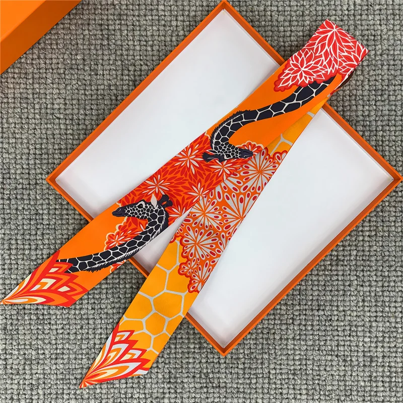 POBING Animals Print 18m/m Twill Silk Scarves Women Luxury Brand Scarf Bag Ribbons Tie Head Scarf Small Long Skinny Scarf 86*5CM