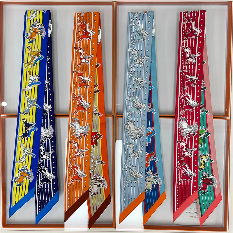 POBING Animals Print 18m/m Twill Silk Scarves Women Luxury Brand Scarf Bag Ribbons Tie Head Scarf Small Long Skinny Scarf 86*5CM