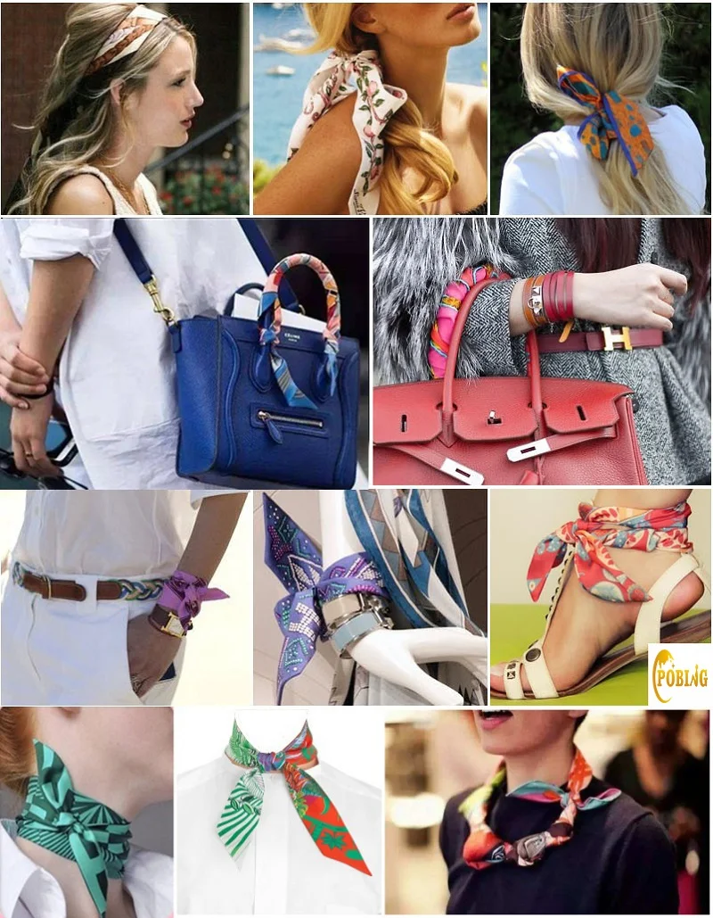 POBING Animals Print 18m/m Twill Silk Scarves Women Luxury Brand Scarf Bag Ribbons Tie Head Scarf Small Long Skinny Scarf 86*5CM