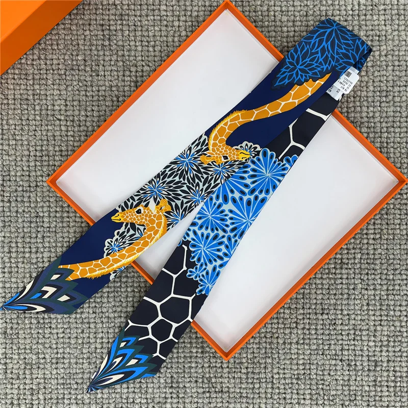 POBING Animals Print 18m/m Twill Silk Scarves Women Luxury Brand Scarf Bag Ribbons Tie Head Scarf Small Long Skinny Scarf 86*5CM