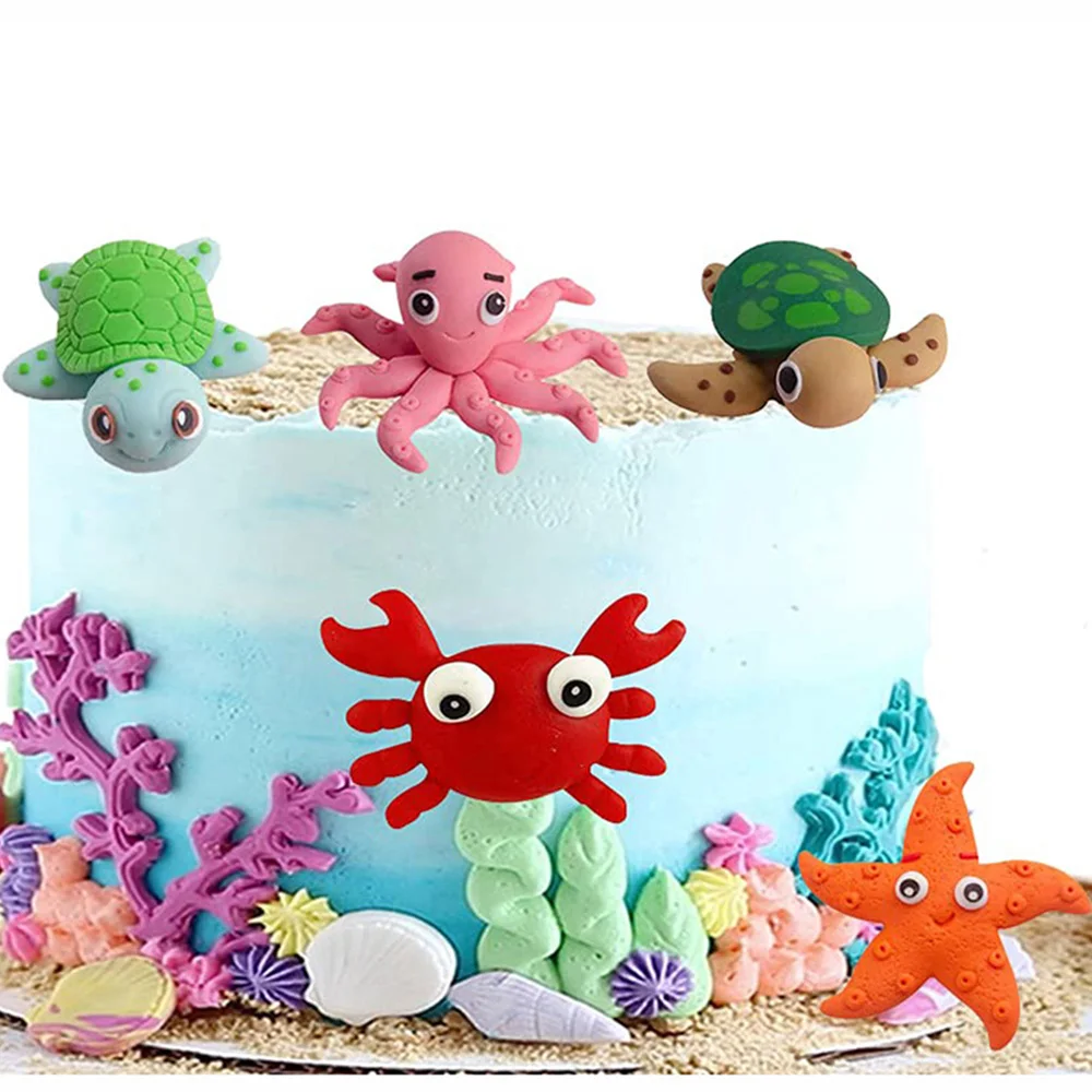 Sea Birthday Cake Topper Starfish Shell Turtle Crab Seahorse Octopus Kids Under the Sea Ocean Animals World Cupcake Topper