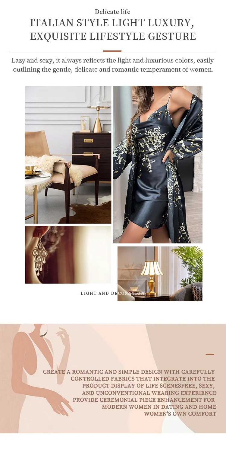 Two Pieces Pajamas Women's Sexy Satin Nightgown Printed Slip Dress Woman Nightie Pajamas Little Cherry Sleepwear Home Suit