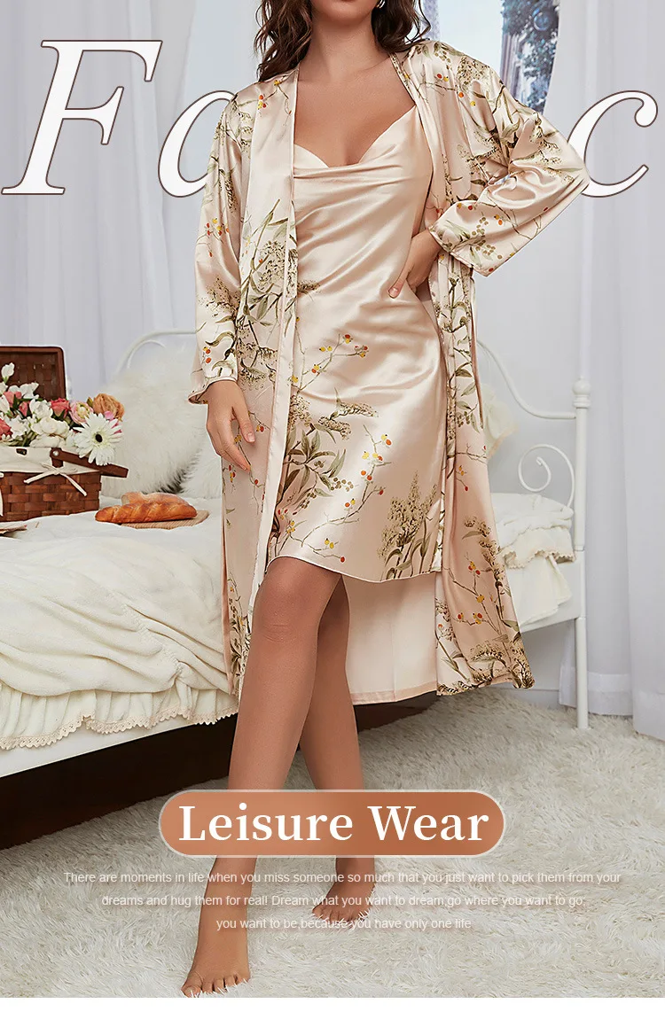Two Pieces Pajamas Women's Sexy Satin Nightgown Printed Slip Dress Woman Nightie Pajamas Little Cherry Sleepwear Home Suit