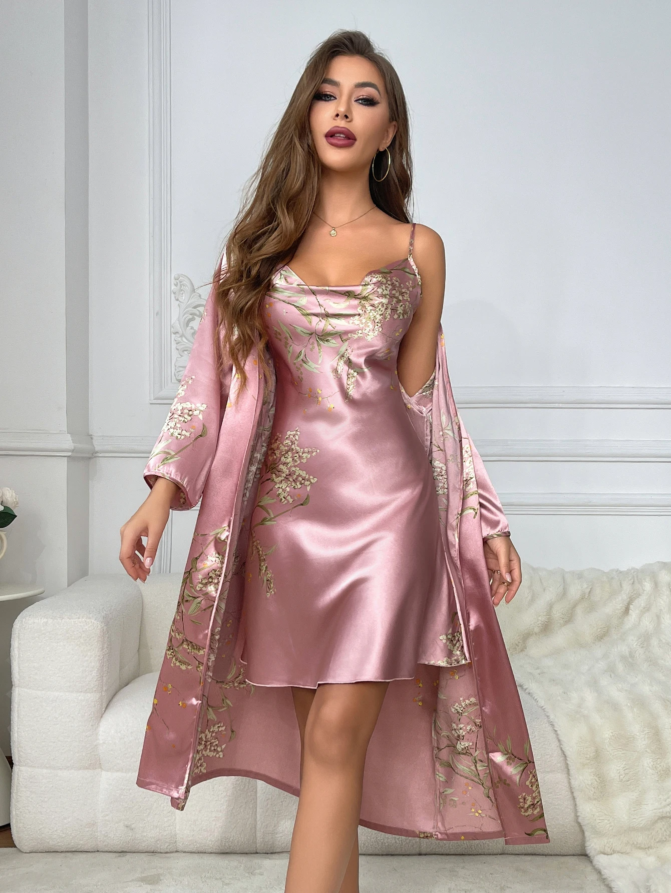 Two Pieces Pajamas Women's Sexy Satin Nightgown Printed Slip Dress Woman Nightie Pajamas Little Cherry Sleepwear Home Suit