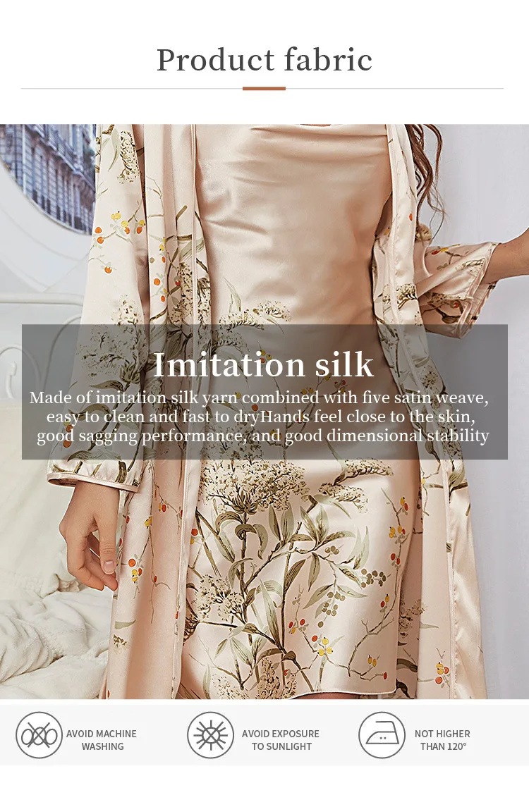 Two Pieces Pajamas Women's Sexy Satin Nightgown Printed Slip Dress Woman Nightie Pajamas Little Cherry Sleepwear Home Suit