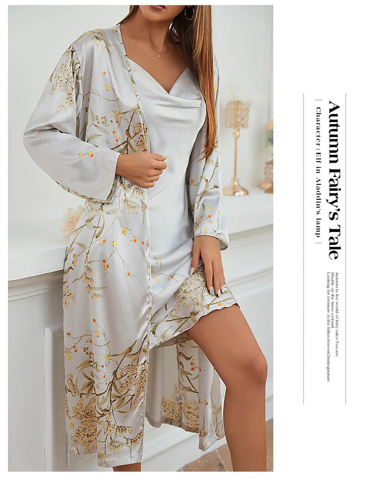 Two Pieces Pajamas Women's Sexy Satin Nightgown Printed Slip Dress Woman Nightie Pajamas Little Cherry Sleepwear Home Suit