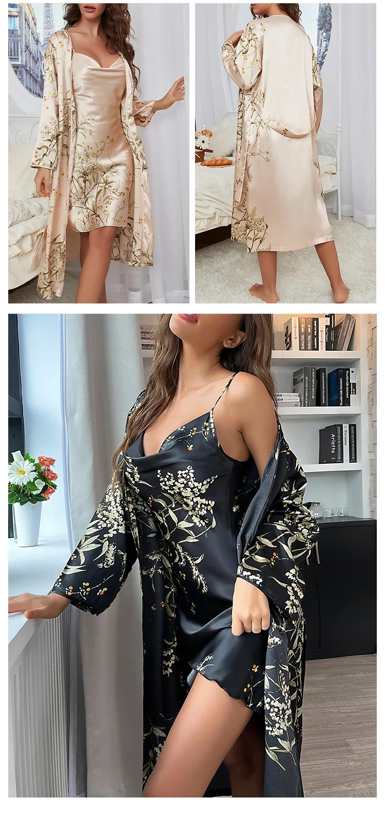 Two Pieces Pajamas Women's Sexy Satin Nightgown Printed Slip Dress Woman Nightie Pajamas Little Cherry Sleepwear Home Suit
