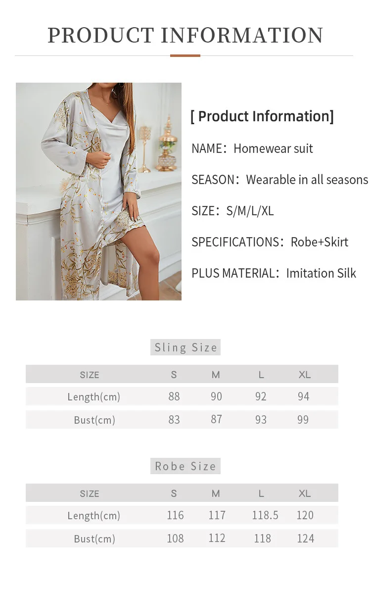 Two Pieces Pajamas Women's Sexy Satin Nightgown Printed Slip Dress Woman Nightie Pajamas Little Cherry Sleepwear Home Suit