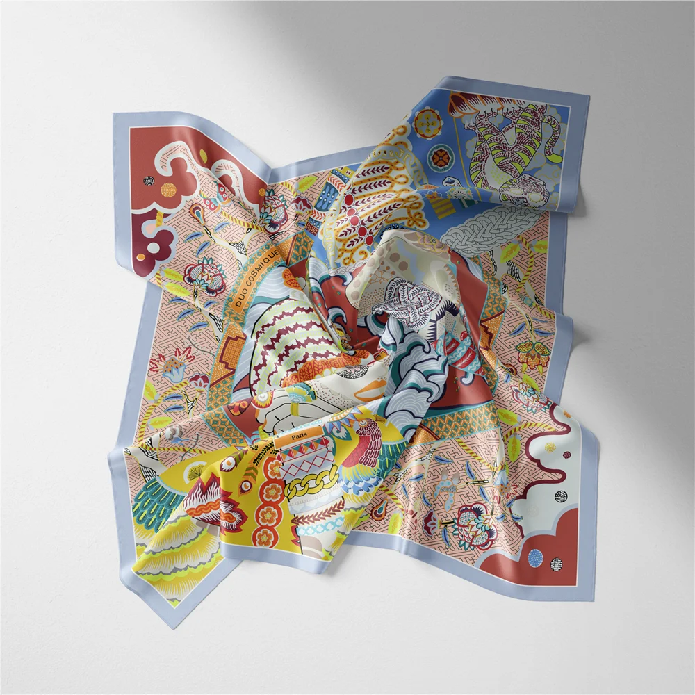 Twill Silk Scarf Woman Colorful Painting Square Scarves Wraps Bandana Small Hijab Silk Foulards Tie Headband Neckerchief 53CM