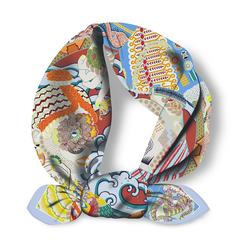 Twill Silk Scarf Woman Colorful Painting Square Scarves Wraps Bandana Small Hijab Silk Foulards Tie Headband Neckerchief 53CM
