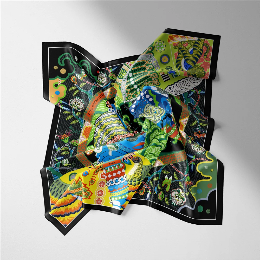 Twill Silk Scarf Woman Colorful Painting Square Scarves Wraps Bandana Small Hijab Silk Foulards Tie Headband Neckerchief 53CM