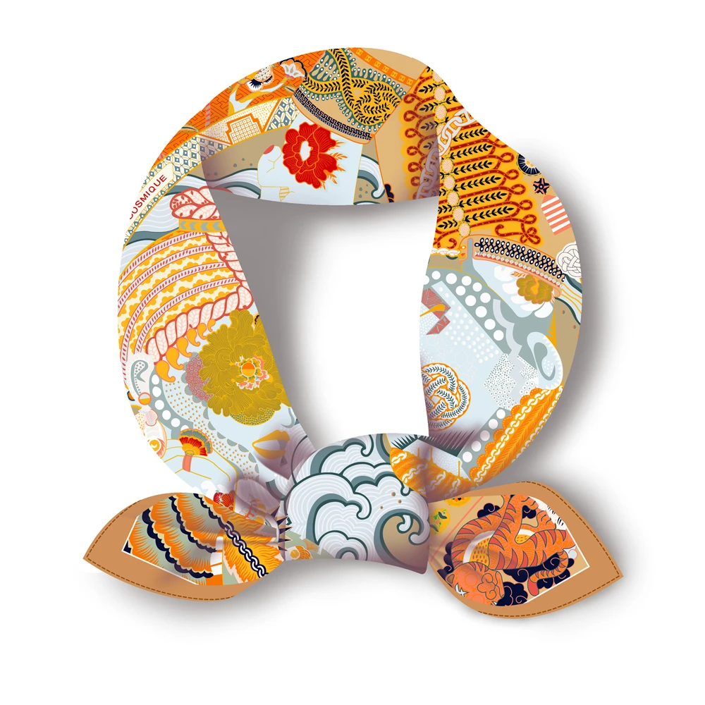 Twill Silk Scarf Woman Colorful Painting Square Scarves Wraps Bandana Small Hijab Silk Foulards Tie Headband Neckerchief 53CM