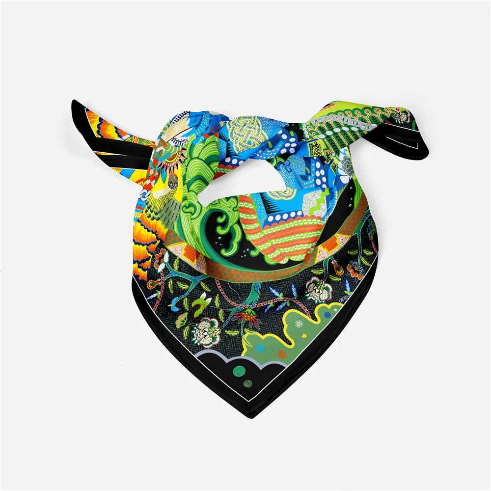 Twill Silk Scarf Woman Colorful Painting Square Scarves Wraps Bandana Small Hijab Silk Foulards Tie Headband Neckerchief 53CM