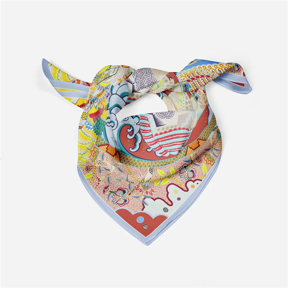 Twill Silk Scarf Woman Colorful Painting Square Scarves Wraps Bandana Small Hijab Silk Foulards Tie Headband Neckerchief 53CM