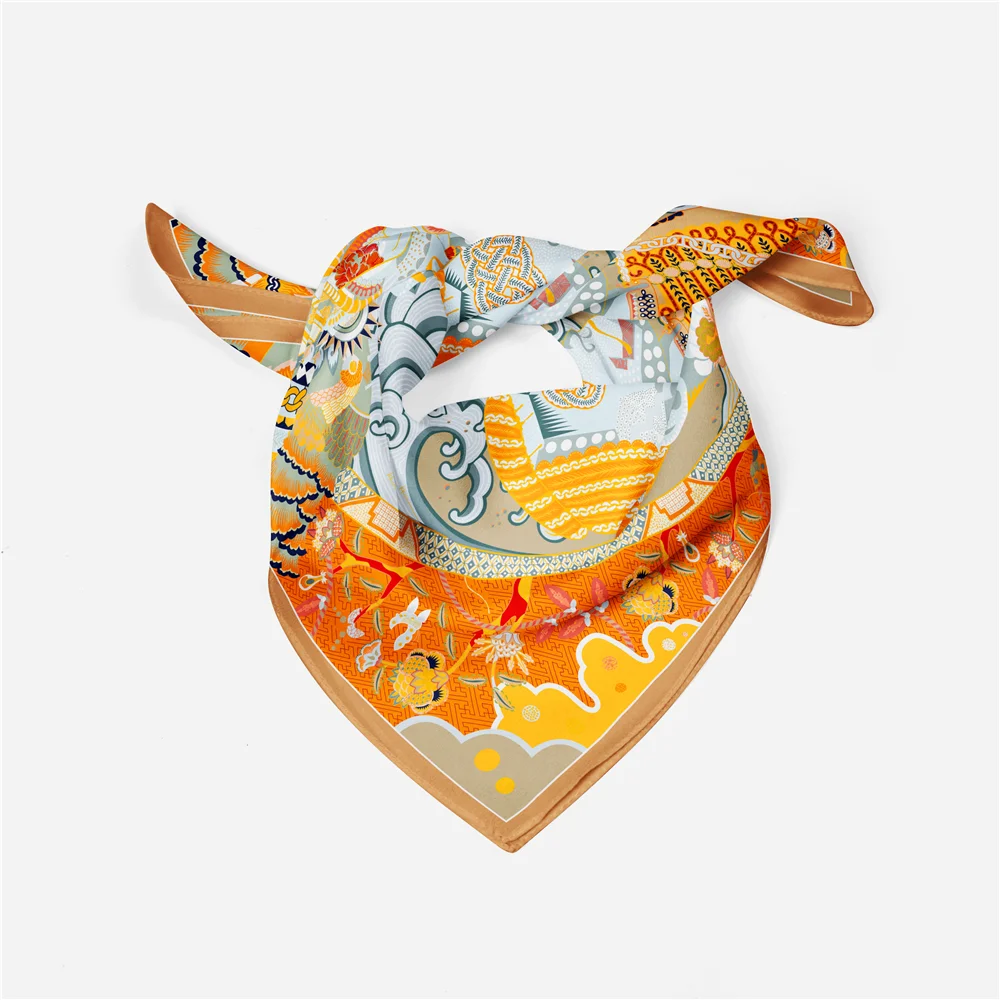 Twill Silk Scarf Woman Colorful Painting Square Scarves Wraps Bandana Small Hijab Silk Foulards Tie Headband Neckerchief 53CM