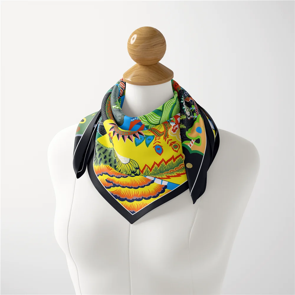 Twill Silk Scarf Woman Colorful Painting Square Scarves Wraps Bandana Small Hijab Silk Foulards Tie Headband Neckerchief 53CM