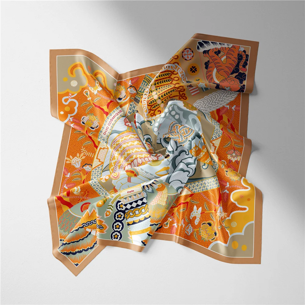 Twill Silk Scarf Woman Colorful Painting Square Scarves Wraps Bandana Small Hijab Silk Foulards Tie Headband Neckerchief 53CM