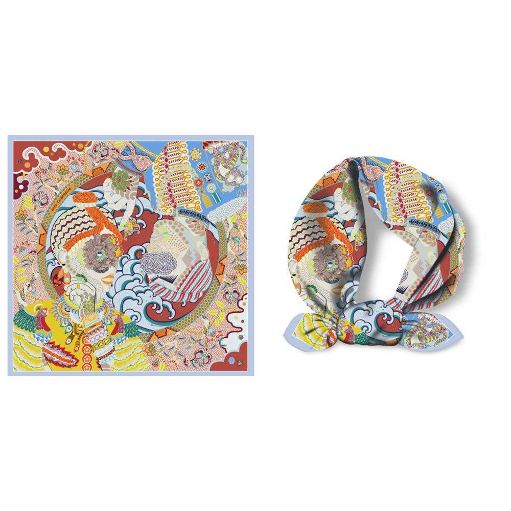 Twill Silk Scarf Woman Colorful Painting Square Scarves Wraps Bandana Small Hijab Silk Foulards Tie Headband Neckerchief 53CM