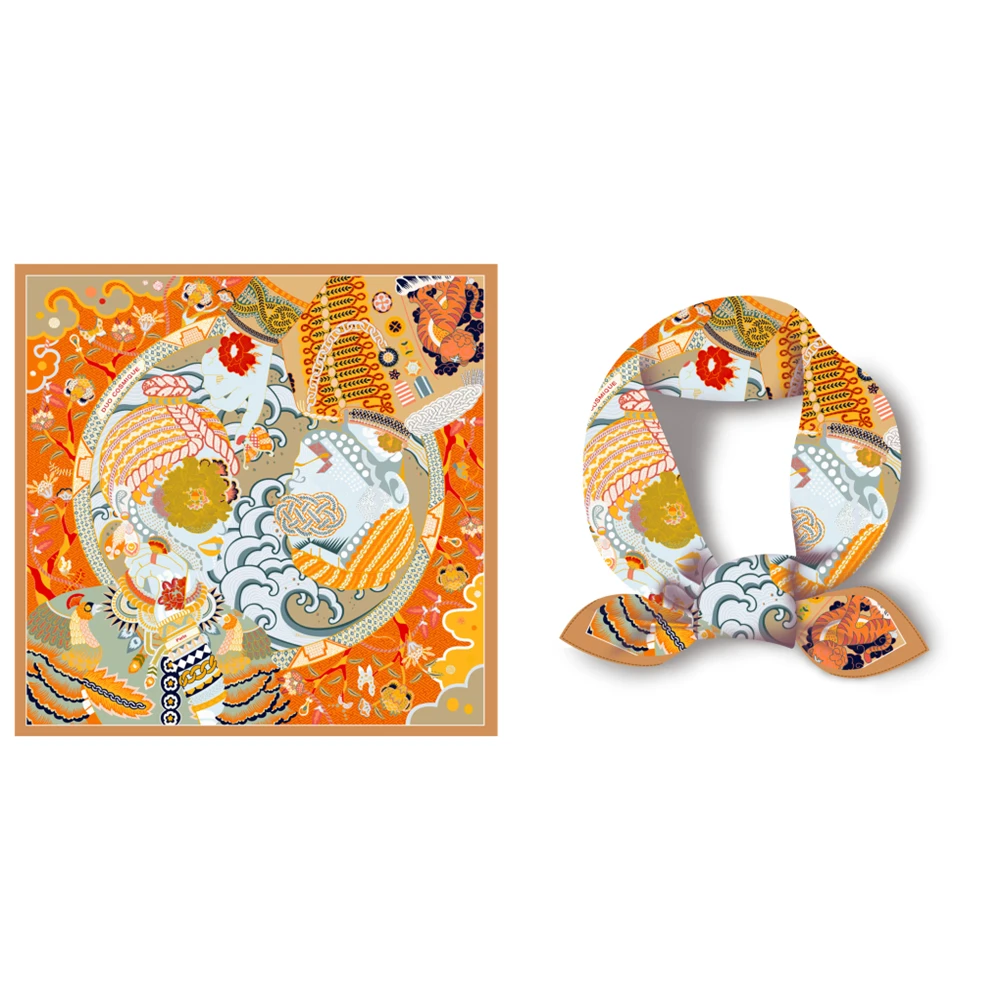 Twill Silk Scarf Woman Colorful Painting Square Scarves Wraps Bandana Small Hijab Silk Foulards Tie Headband Neckerchief 53CM