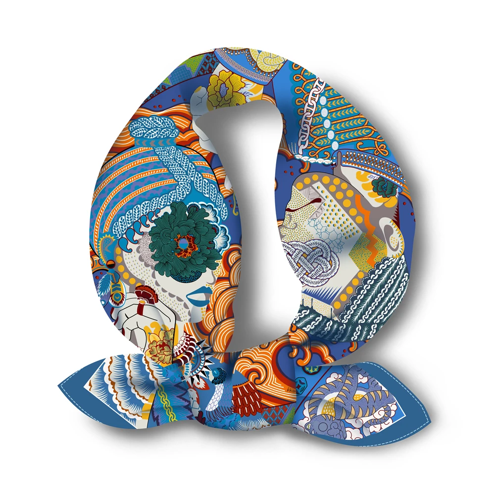 Twill Silk Scarf Woman Colorful Painting Square Scarves Wraps Bandana Small Hijab Silk Foulards Tie Headband Neckerchief 53CM