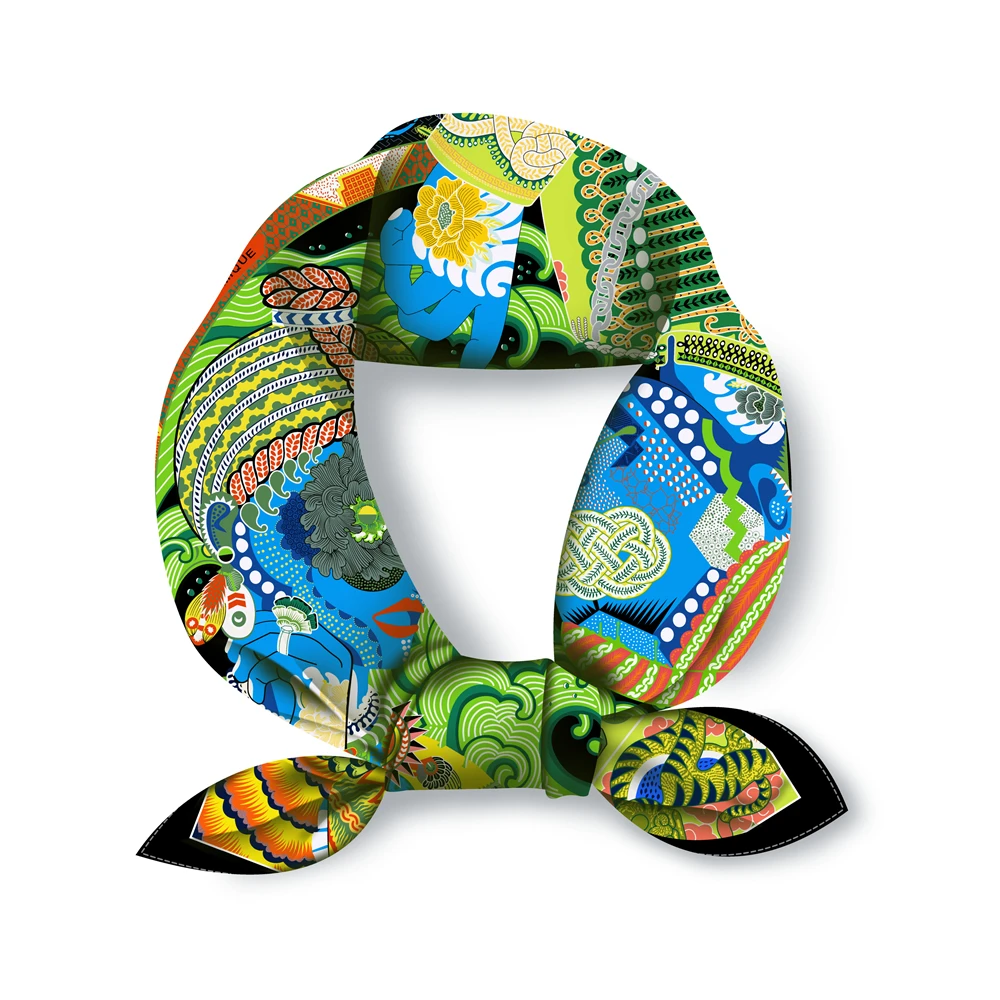 Twill Silk Scarf Woman Colorful Painting Square Scarves Wraps Bandana Small Hijab Silk Foulards Tie Headband Neckerchief 53CM