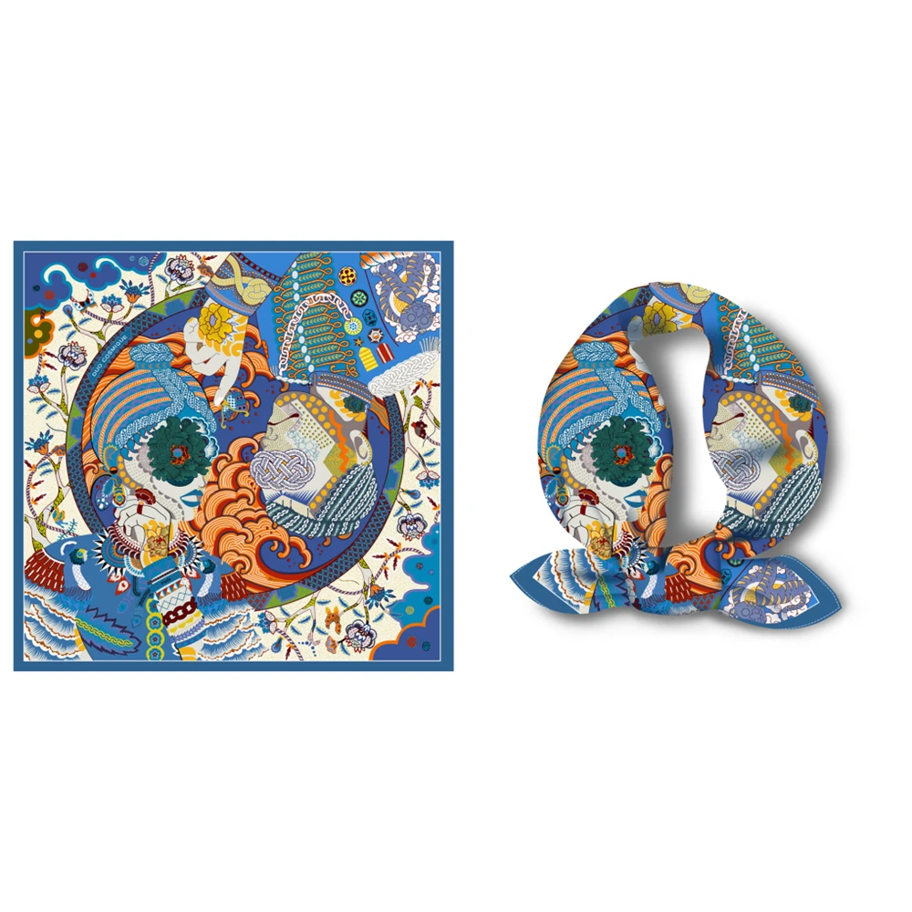 Twill Silk Scarf Woman Colorful Painting Square Scarves Wraps Bandana Small Hijab Silk Foulards Tie Headband Neckerchief 53CM