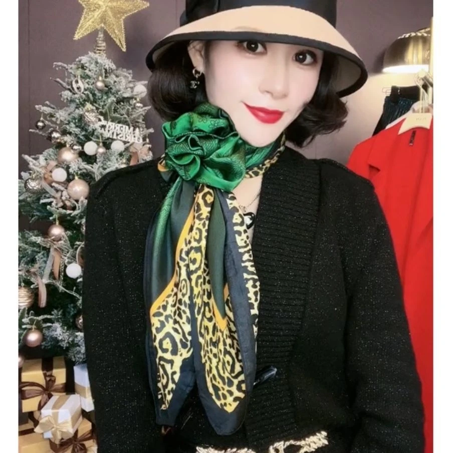 [BYSIFA] New Emerald Green Silk Scarf Women Brand Leopard Printed Square Scarves 90*90cm Fashion Accessories Headscarves Hijabs