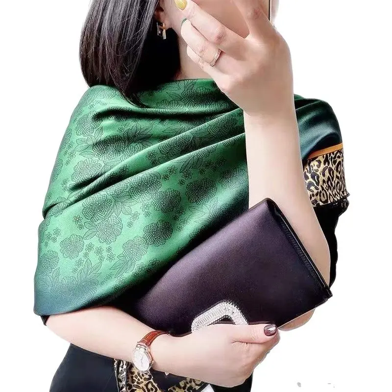 [BYSIFA] New Emerald Green Silk Scarf Women Brand Leopard Printed Square Scarves 90*90cm Fashion Accessories Headscarves Hijabs
