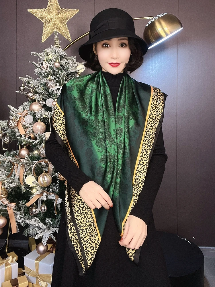 [BYSIFA] New Emerald Green Silk Scarf Women Brand Leopard Printed Square Scarves 90*90cm Fashion Accessories Headscarves Hijabs
