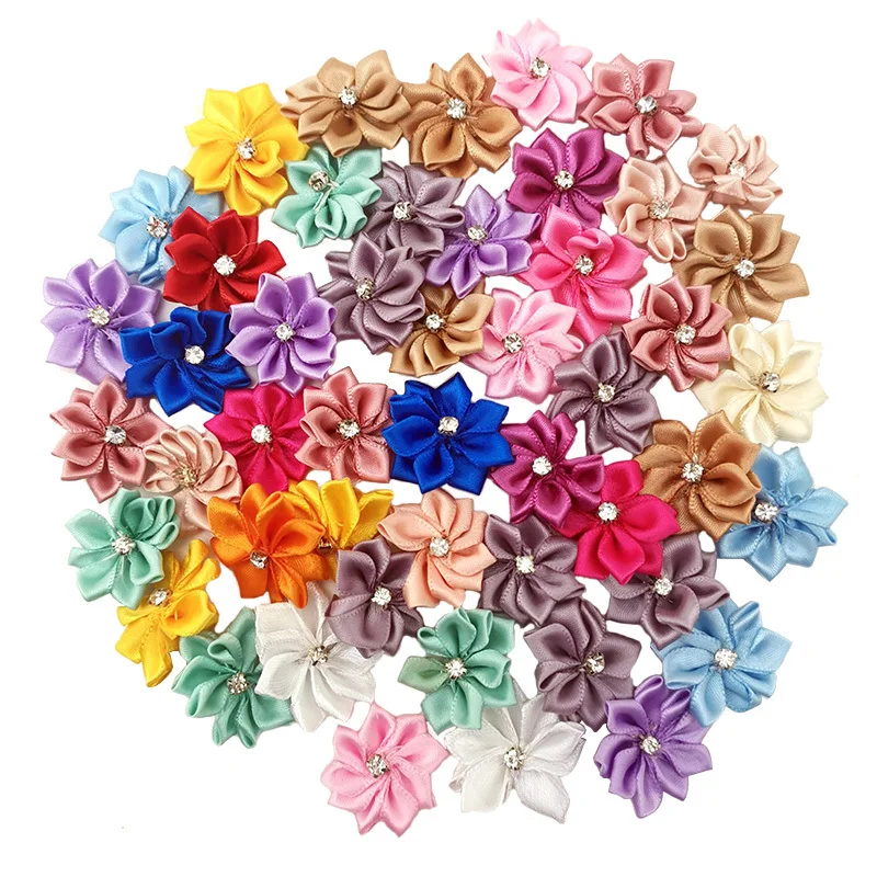 (50pcs/pack) 25mm Inlaid Rhinestones Small Handmade DIY Satin Ribbon Flowers Head Decorate Clothes To Make Wedding Invitations