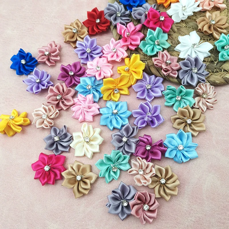 (50pcs/pack) 25mm Inlaid Rhinestones Small Handmade DIY Satin Ribbon Flowers Head Decorate Clothes To Make Wedding Invitations