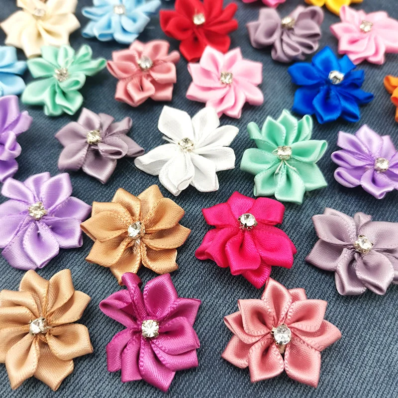 (50pcs/pack) 25mm Inlaid Rhinestones Small Handmade DIY Satin Ribbon Flowers Head Decorate Clothes To Make Wedding Invitations