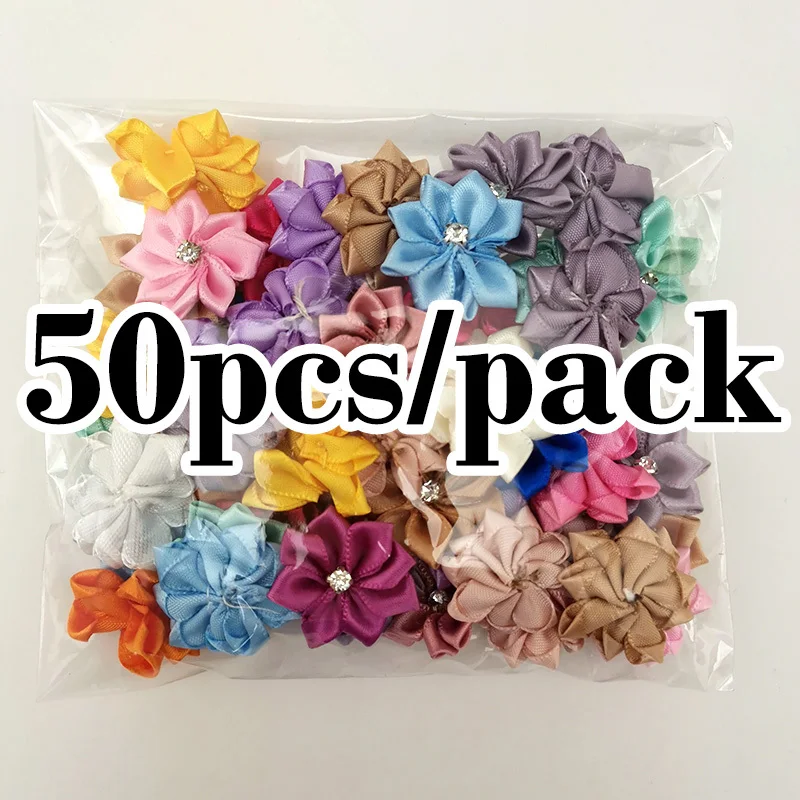 (50pcs/pack) 25mm Inlaid Rhinestones Small Handmade DIY Satin Ribbon Flowers Head Decorate Clothes To Make Wedding Invitations