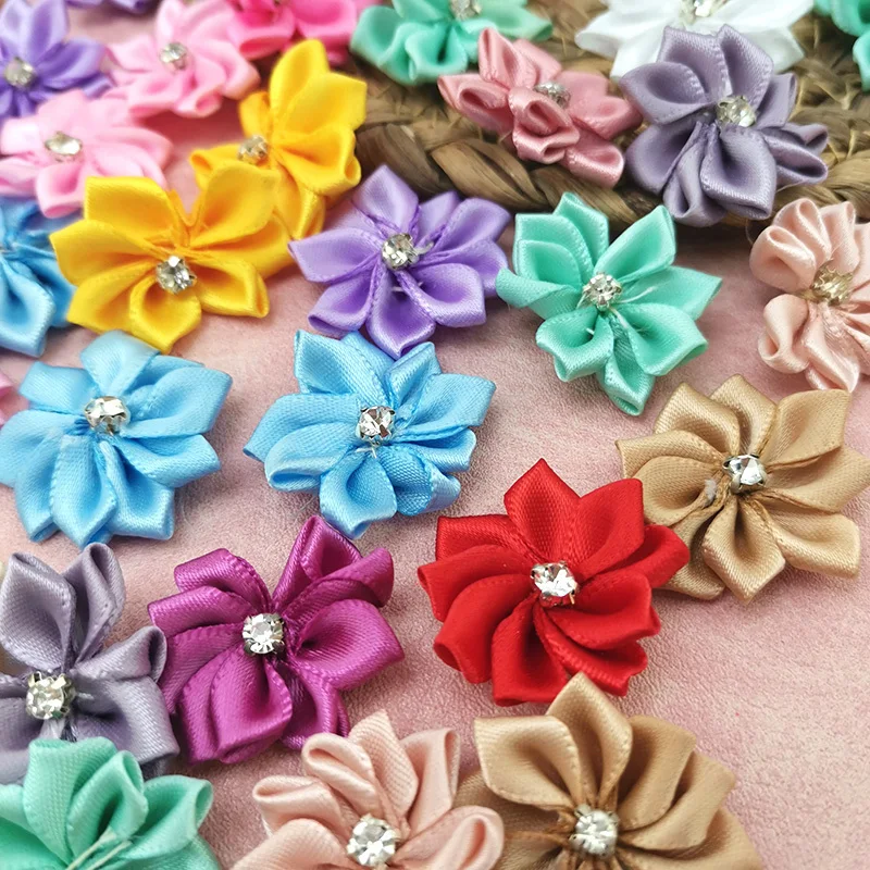 (50pcs/pack) 25mm Inlaid Rhinestones Small Handmade DIY Satin Ribbon Flowers Head Decorate Clothes To Make Wedding Invitations