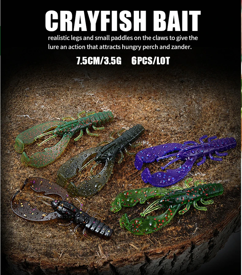 SUNMILE 6pieces Fishing Lures Crayfish Shrimp 7.5cm/3.5g Soft Baits Creature Baits Iscas Artifical bait Bass Perch Fishing Baits
