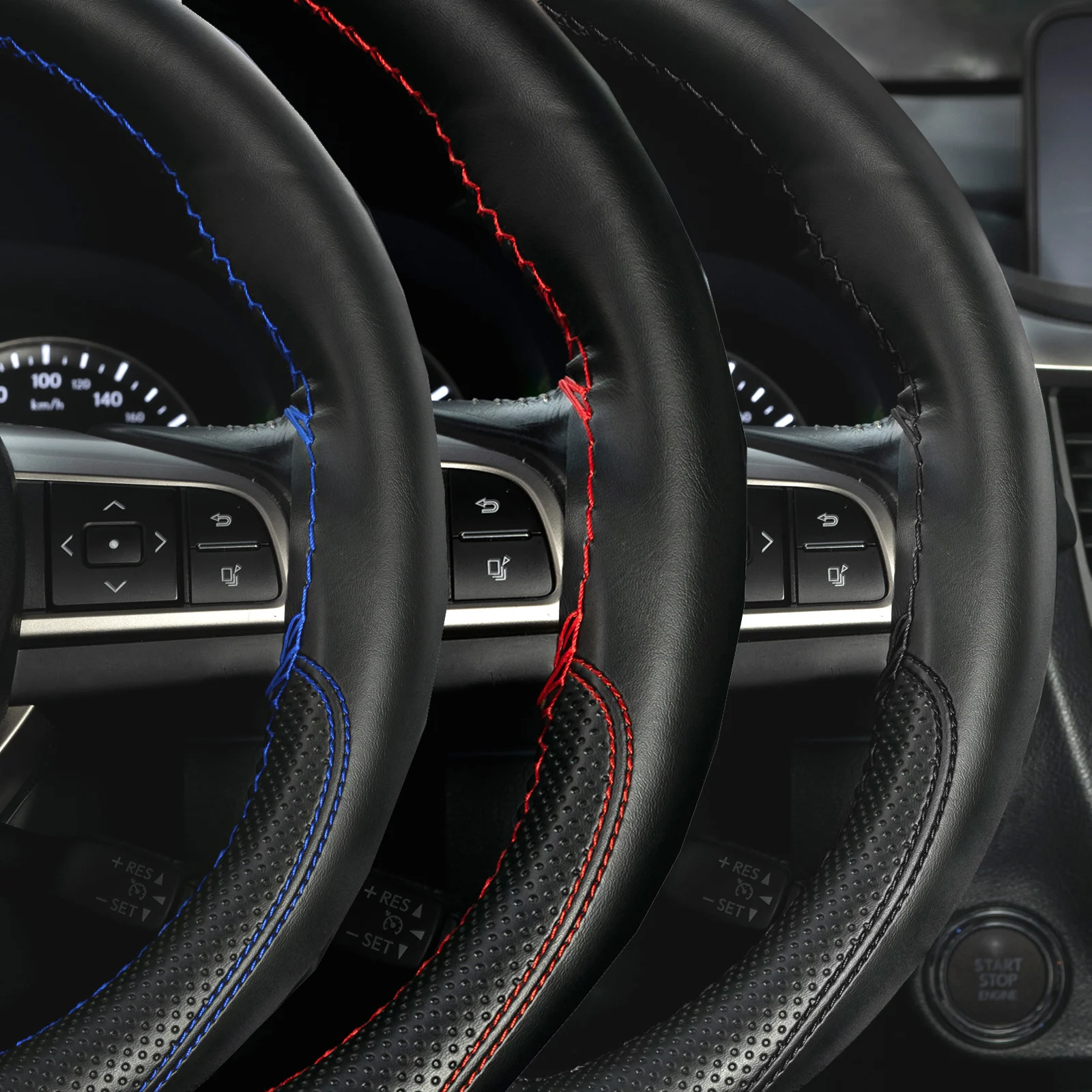 Black/Red/Blue Leather DIY Car Steering Wheel Cover Protection Needle 38cm 15" Sticker Genuine Accessories Styling Seat Silicone