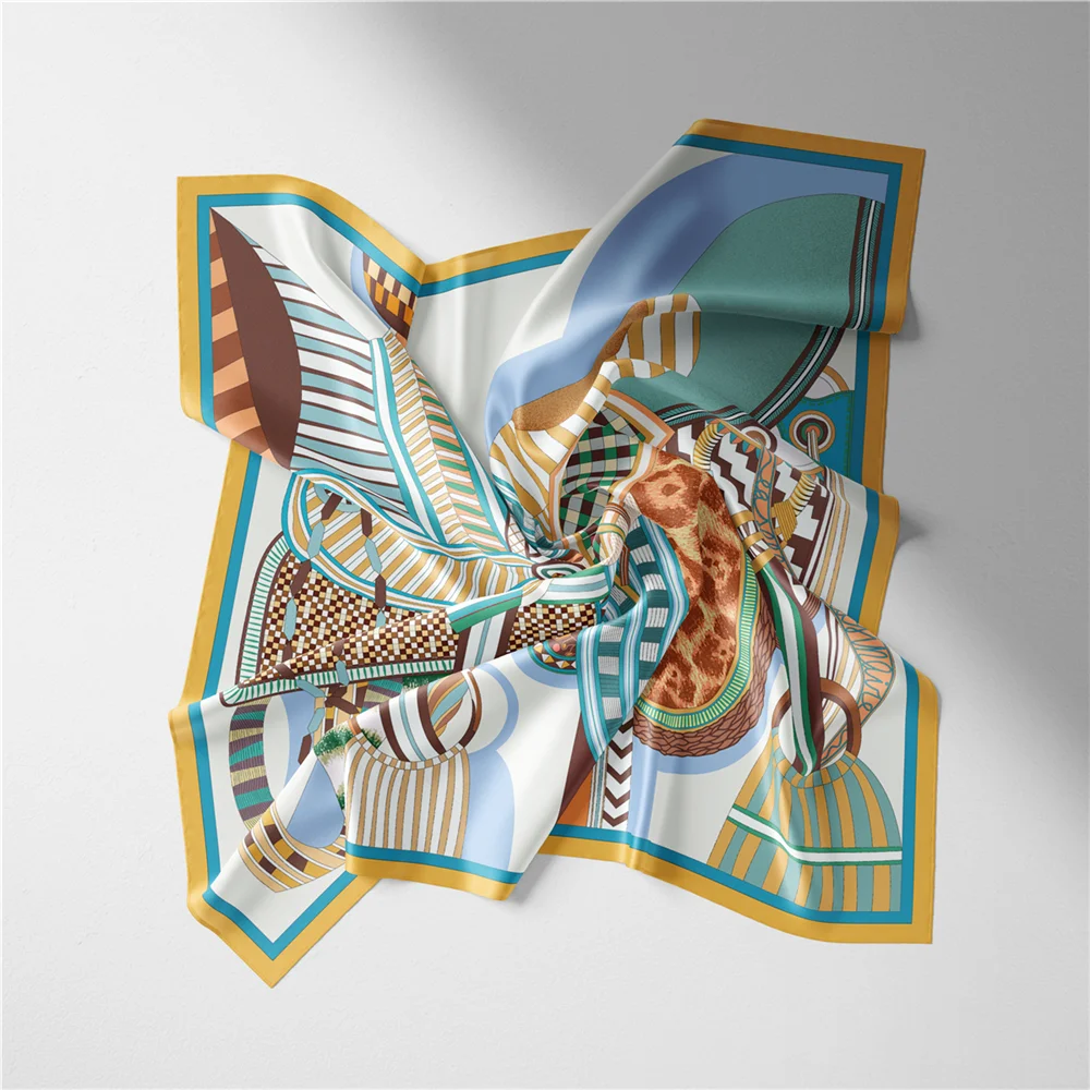 Twill Silk Scarf Woman Saddle Painting Square Scarves Wraps Bandana Small Hijab Silk Foulards Tie Headband Neckerchief 53CM